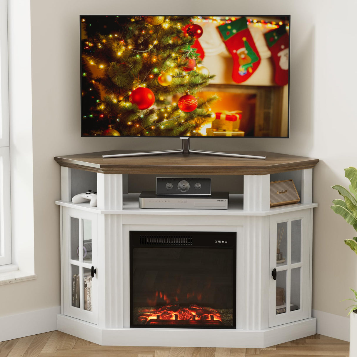 Furmax Fireplace Corner TV Stand for TV Up to 55 Inch, Modern TV Console with 18 Inch Electric Fireplace, Entertainment Center with Open Shelf and Storage Cabinets for Living Room, Antique White Furmax