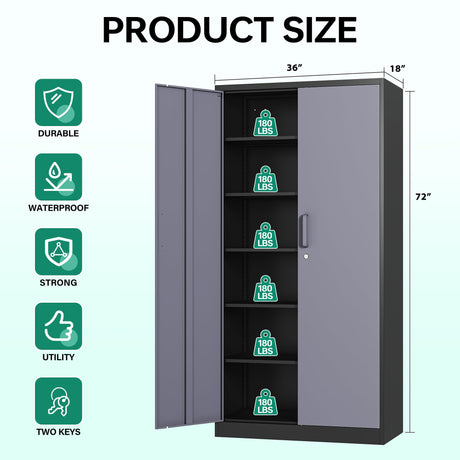 Letaya Metal Storage Cabinet with Lock Door and 5 Shelves,6 Tier Steel Garage Tool Cabinet for Home Office Utility Room 72" H X 36" W X18 D (Black gray) Letaya