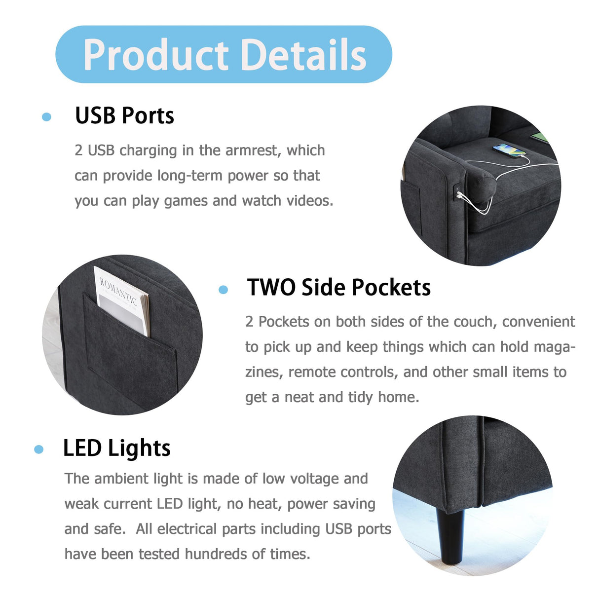 Harper & Bright Designs 76.5-Inch Modern Sofa Couch with 2 Side Pockets, USB Ports on Armrests and LED Lights – Linen Fabric 3-Seater for Living Room, Apartment or Office in Black Harper & Bright Designs