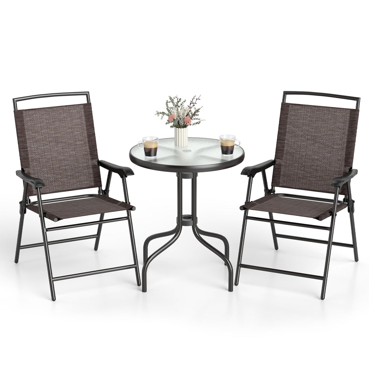 Goplus Bistro Table and Chairs Set of 2, Outdoor 3 Piece Patio Bistro Set with 1.57” Umbrella Hole, Tempered Glass Tabletop, 2 Folding Chairs, Small Patio Furniture Dining Set for Garden, Balcony Goplus