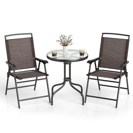 Goplus Bistro Table and Chairs Set of 2, Outdoor 3 Piece Patio Bistro Set with 1.57” Umbrella Hole, Tempered Glass Tabletop, 2 Folding Chairs, Small Patio Furniture Dining Set for Garden, Balcony Goplus