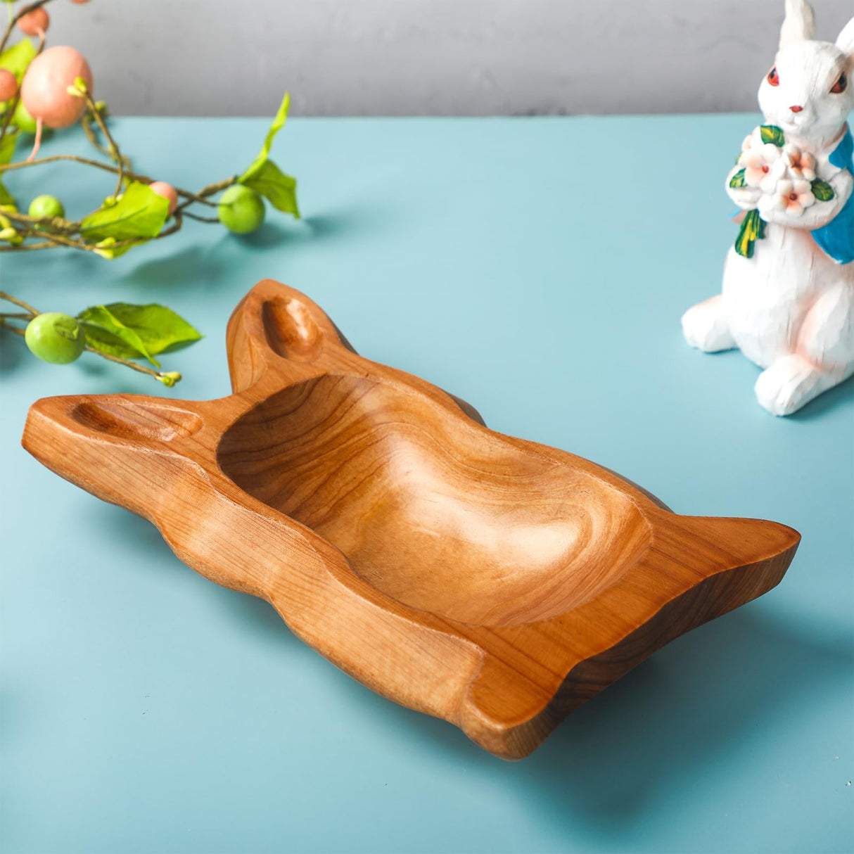 SiliFine Easter Bunny Shaped Dough Bowl Easter Decorative Bunny Bowl Rabbit Shaped Wooden Bowl Farmhouse Rustic Serving Trays Primitive Wood Trencher Tray for Easter Table Centerpiece Home Decor SiliFine