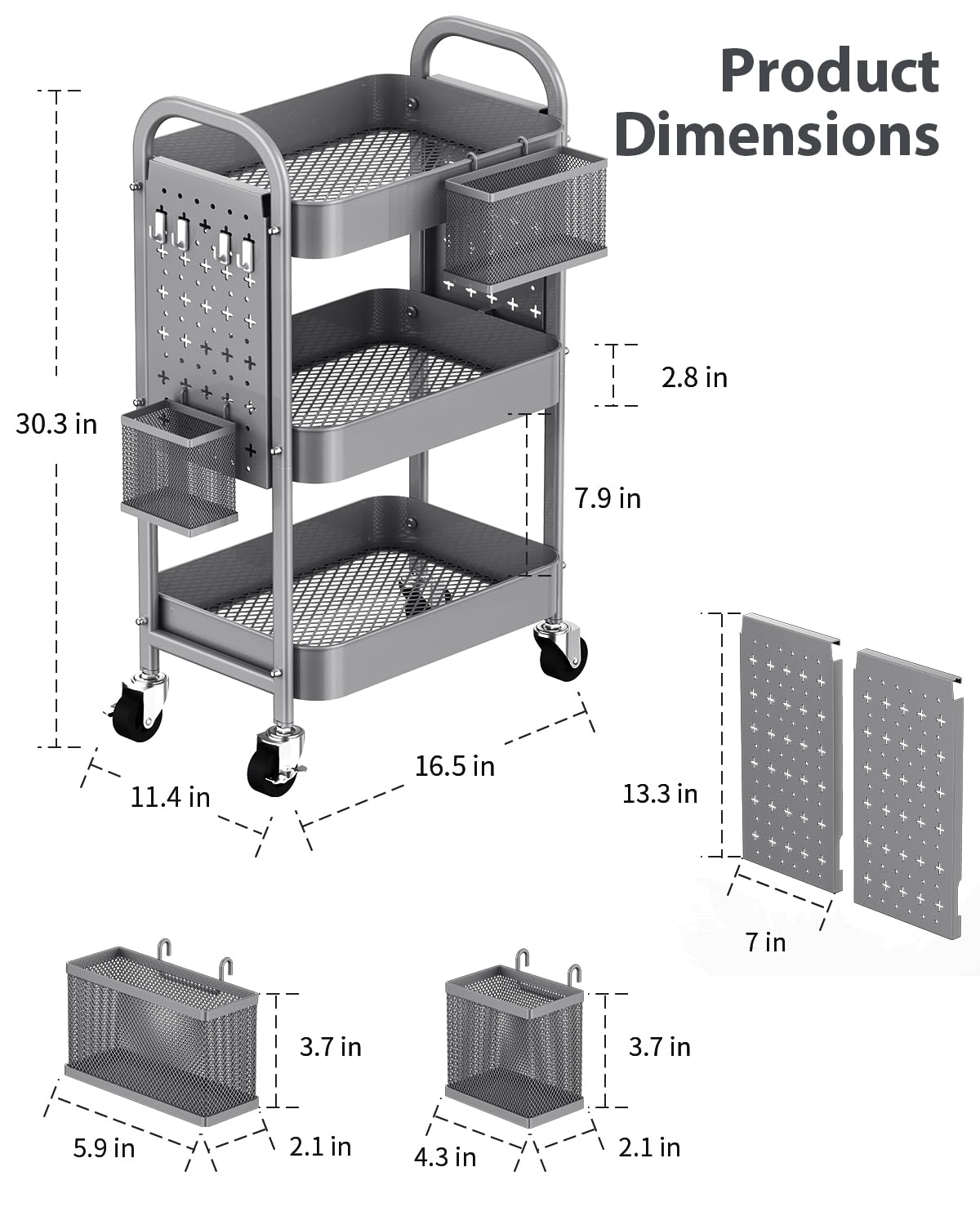 ALVOROG 3 Tier Rolling Cart with DIY Pegboards Metal Utility Cart with Wheels Handles Baskets Hooks, Storage Cart for Office Kitchen Bathroom(Gray)