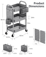 ALVOROG 3 Tier Rolling Cart with DIY Pegboards Metal Utility Cart with Wheels Handles Baskets Hooks, Storage Cart for Office Kitchen Bathroom(Gray) ALVOROG