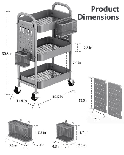 ALVOROG 3 Tier Rolling Cart with DIY Pegboards Metal Utility Cart with Wheels Handles Baskets Hooks, Storage Cart for Office Kitchen Bathroom(Gray)
