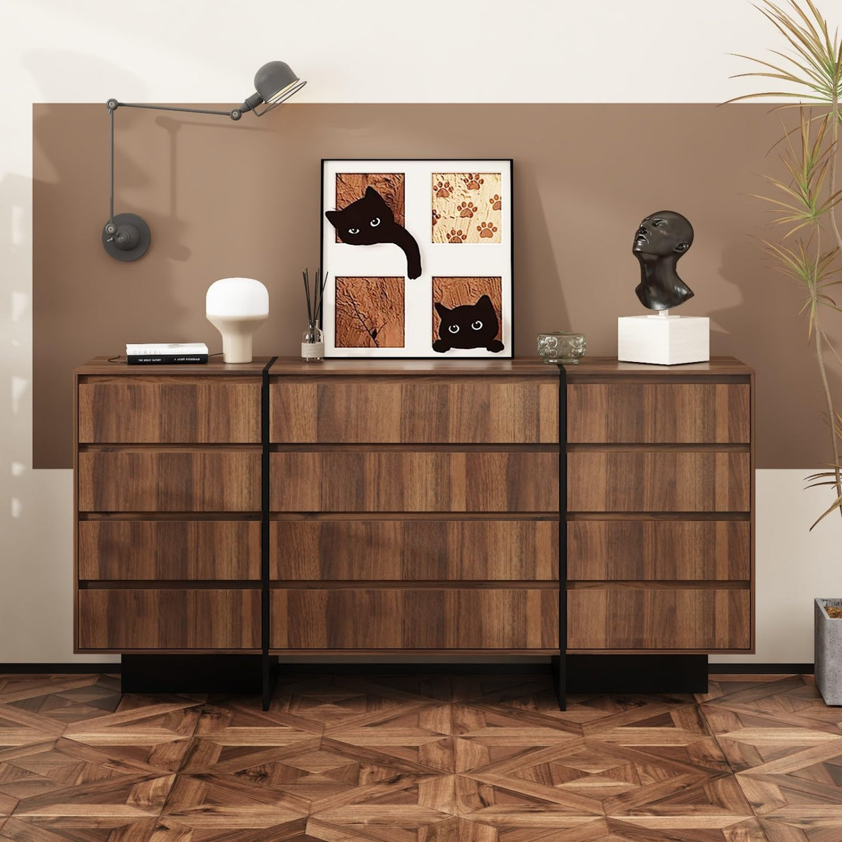 FAMAPY Dresser Chest of Drawers, 12 Drawer Dresser, Wood Modern Drawer Chest, for Bedroom Living Room Office, Brown and Black, Wood Grain, 15.7”D x 70.9”W x 35.4”H FAMAPY