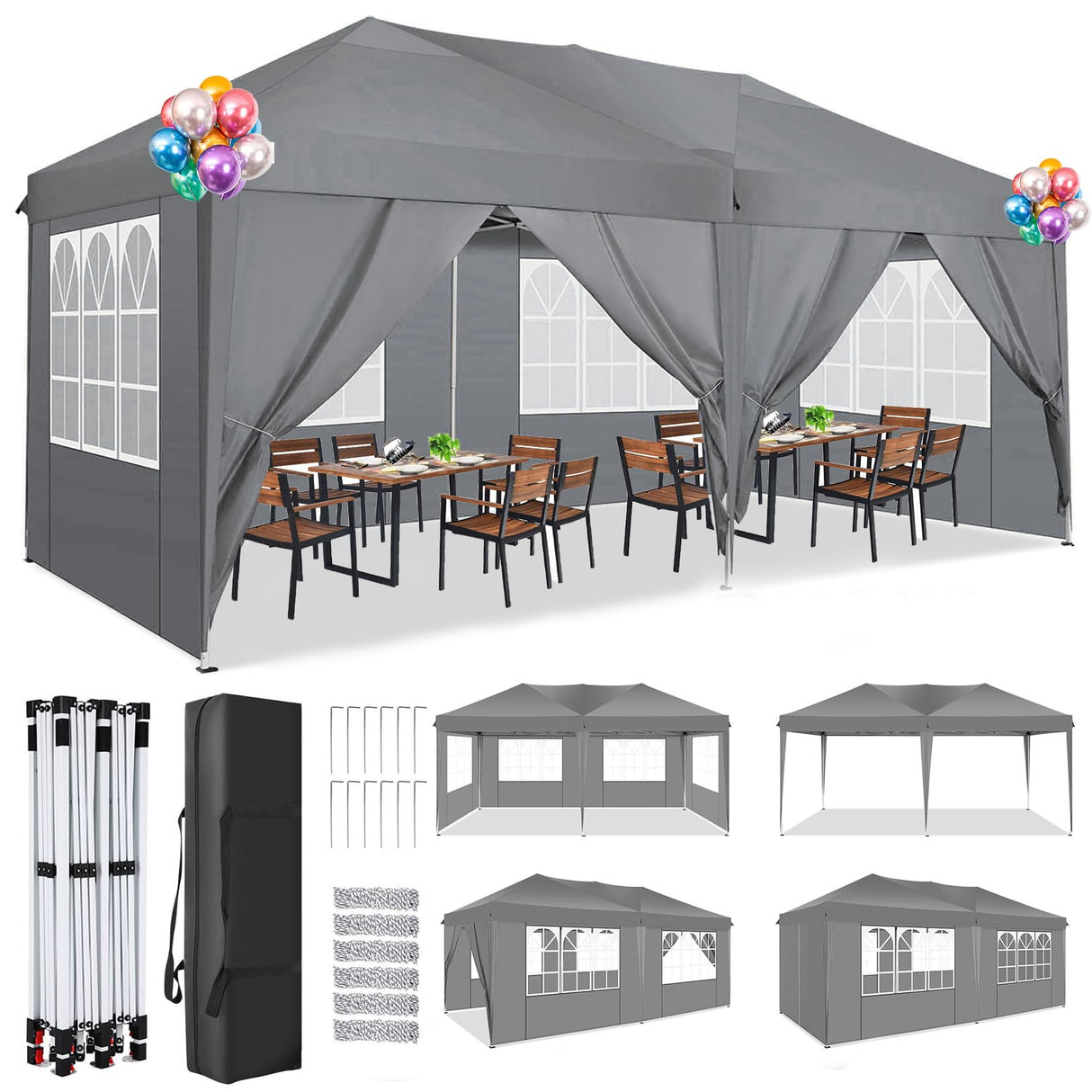 COBIZI 10x20 Pop Up Canopy Tent with 6 Sidewalls Tents for Parties Waterproof Camping Canopy Ez Up Party Tent Outdoor Portable Gazebo for Backyard Commercial Event Tent, Grey COBIZI