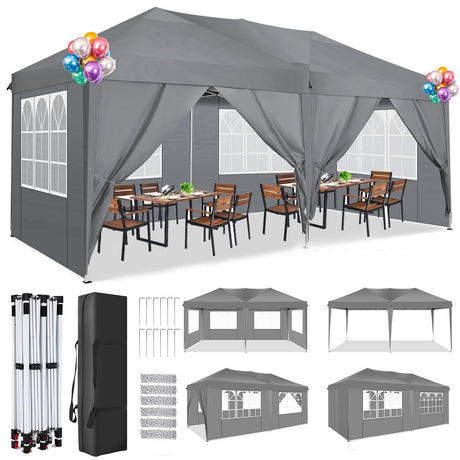 COBIZI 10x20 Pop Up Canopy Tent with 6 Sidewalls Tents for Parties Waterproof Camping Canopy Ez Up Party Tent Outdoor Portable Gazebo for Backyard Commercial Event Tent, Grey COBIZI