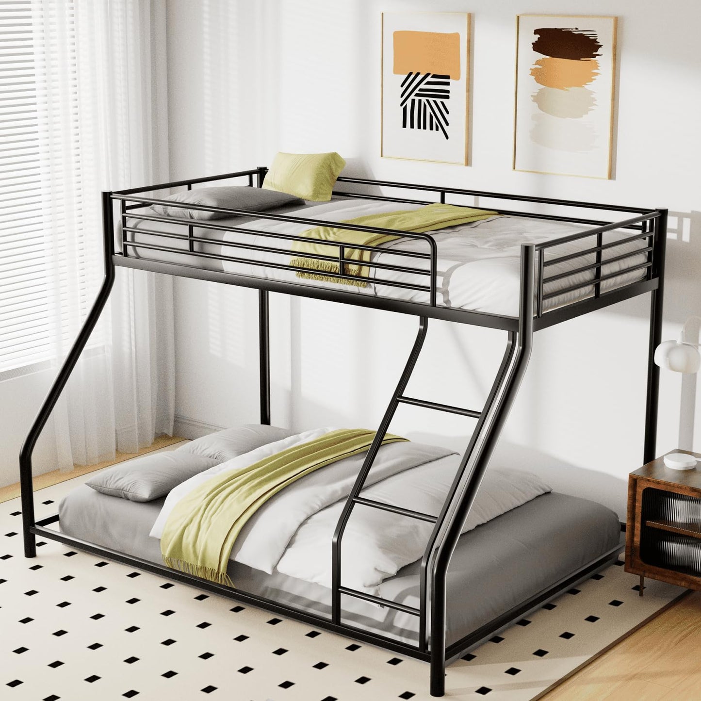 TURRIDU Twin XL Over Queen Bunk Bed, Heavy Duty Metal Bunk Bed Frame with Full-Length Guardrails & Ladders, Bedroom Bunk Bed for Teens, Adults, Noise Free, Black