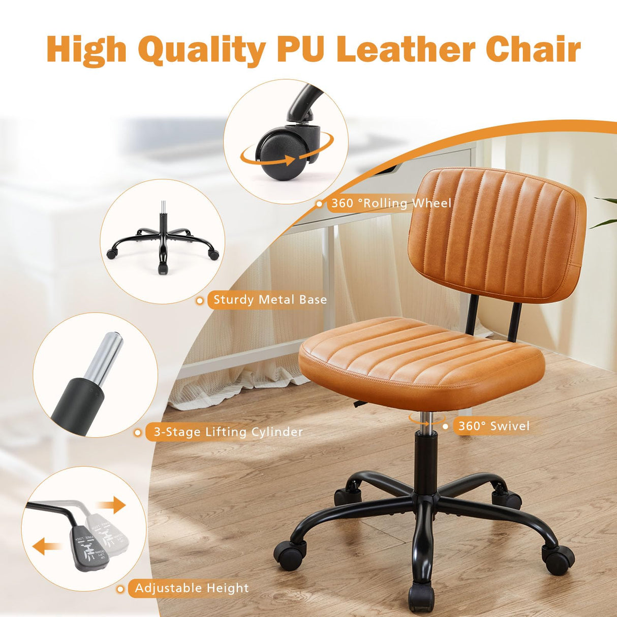 Sweetcrispy Small Office Desk Chair with Wheels Armless Comfy Computer Chair with Lumbar Support, PU Leather Low Back Adjustable Height 360° Rolling Swivel Task Chair Without Arm for Home, Bedroom Sweetcrispy