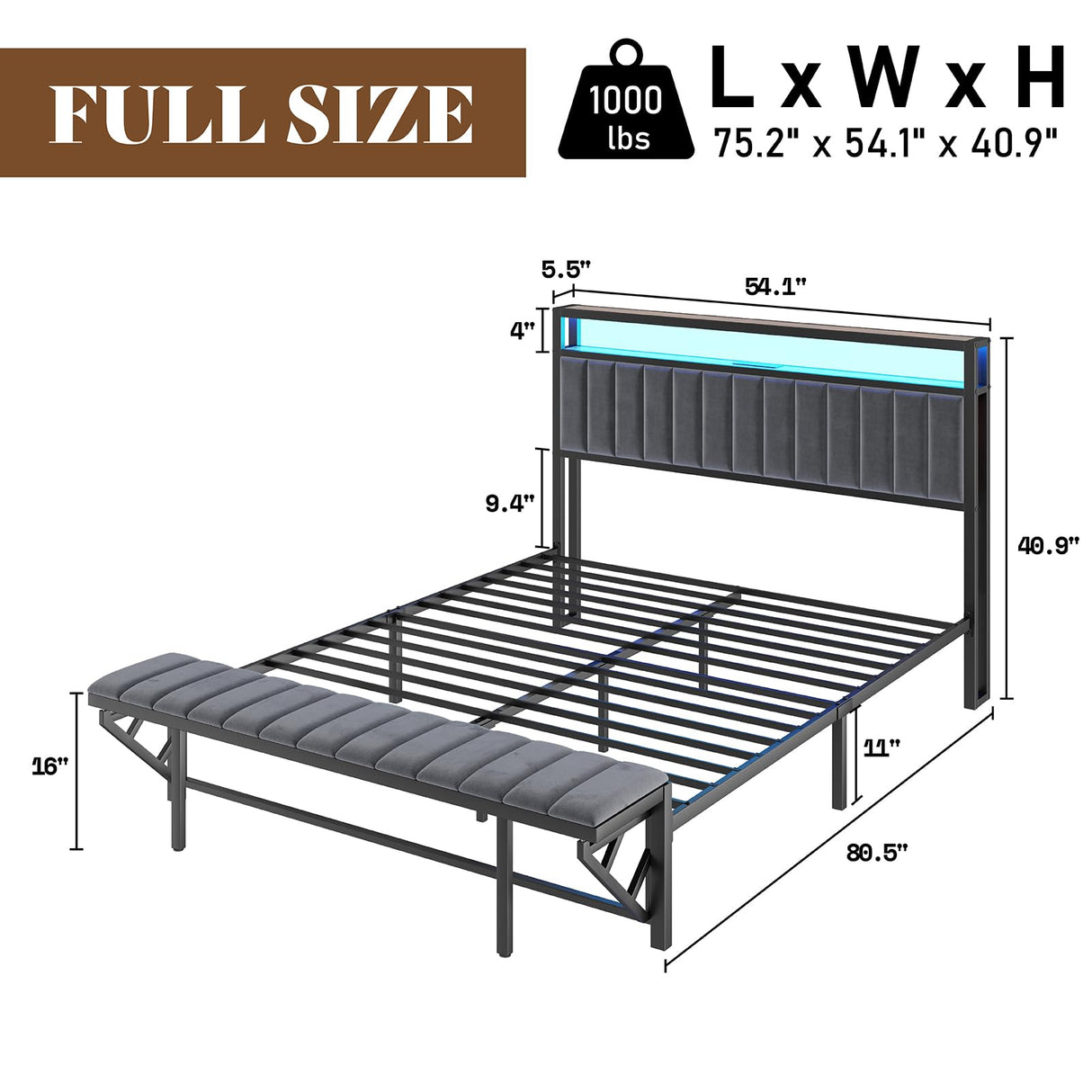 LUXOAK Full Bed Frame with LED Light and Charging Station, Velvet Upholstered Headboard with Storage Shelf, Heavy Duty Metal Slats/No Box Spring Needed/Easy Assembly, Grey LUXOAK