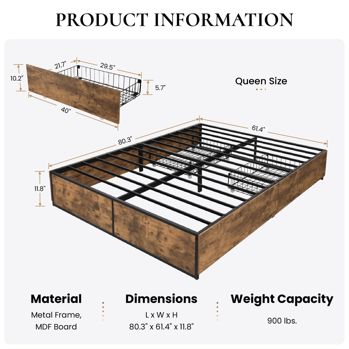 SHA CERLIN Queen Platform Bed Frame with 2 Large Storage Drawers, Rustic Wood and Metal, Noise-Free, Easy Assembly, No Box Spring Needed, Brown SHA CERLIN