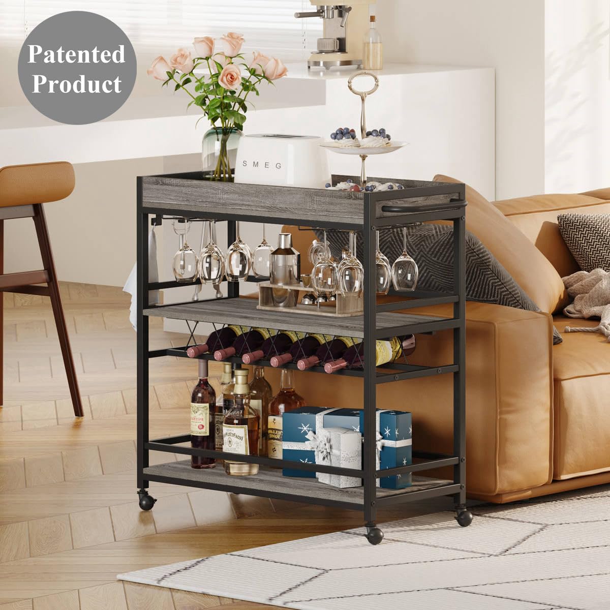 BON AUGURE Bar Cart, Home Bar Serving Cart on Wheels, Mobile 3 Tier Liquor Beverage Cart with Wine Rack and Glass Holder, Grey Oak - WoodArtSupply