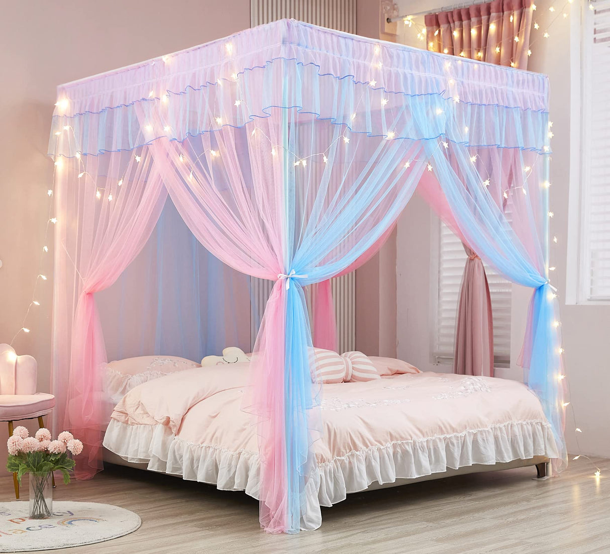Mengersi Rainbow Canopy Bed Curtains with Lights - Princess Bed Canopy for Girls - Bed Drapes Netting- Bedroom Decoration Accessories,Twin Mengersi
