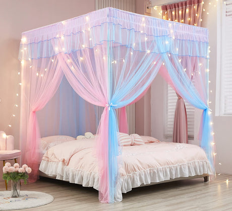 Mengersi Rainbow Canopy Bed Curtains with Lights - Princess Bed Canopy for Girls - Bed Drapes Netting- Bedroom Decoration Accessories,Twin Mengersi