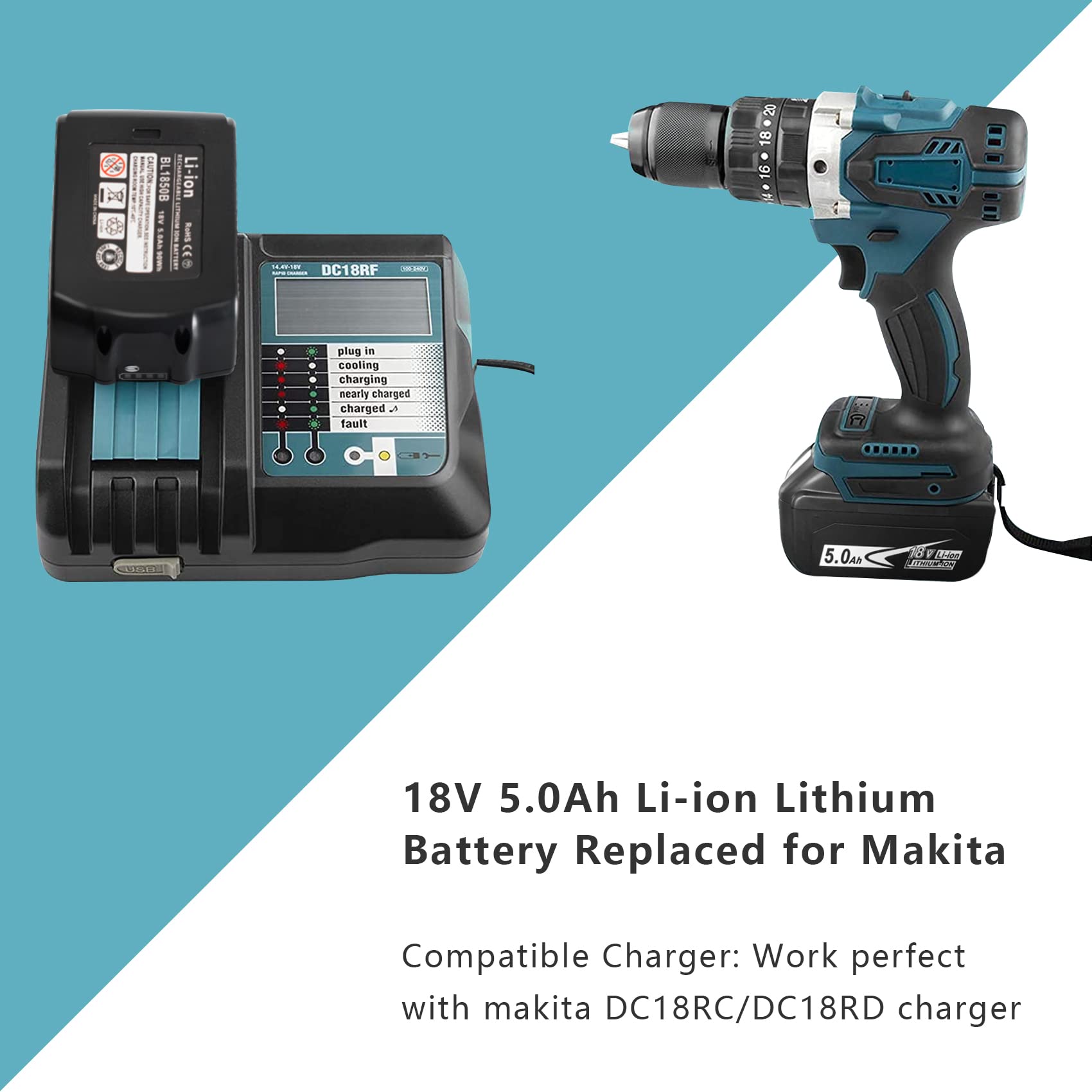 2Packs Upgraded 5.0Ah 18V BL1850B with LED Replacement Lithium-ion Battery Compatible with Makita 18 Volt Battery for Compatible Makita 18V Lithium-Ion Cordless Power Tools - WoodArtSupply