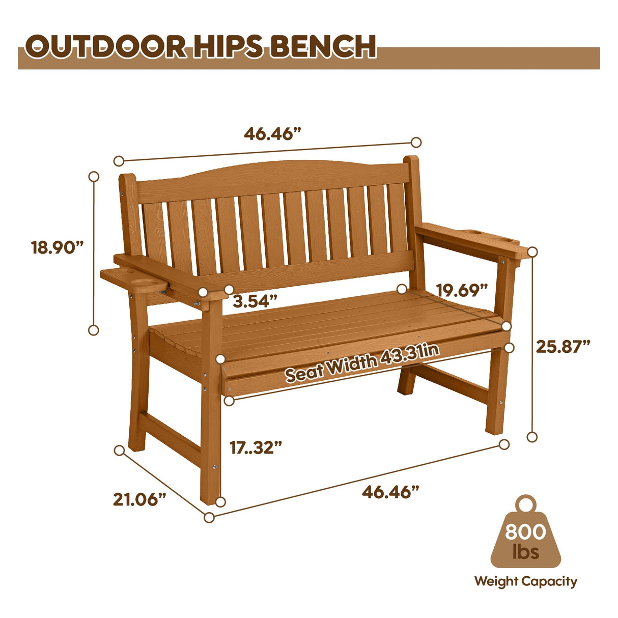 2-Person HIPS Outdoor Benches, Weatherproof Garden Bench with 800 lbs Weight Capacity, Artificial Wood Grains, Never Rot or Fade, Patio Benches for Garden, Porch, Balcony, Backyard,Park, Brown Sunnibety