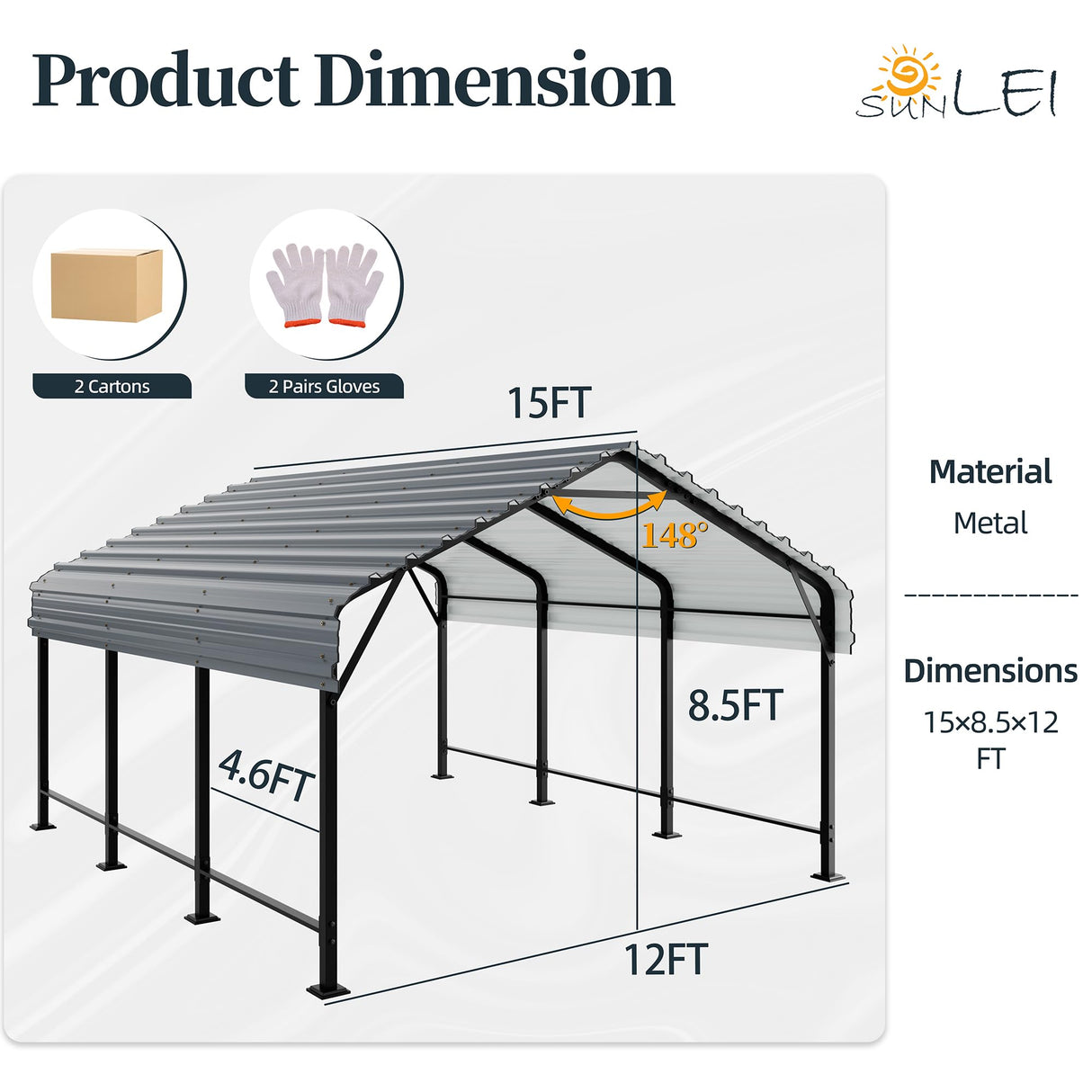 SUNLEI 12X15 FT Carport, Heavy Duty Carport Canopy with Galvanized Steel Roof and Frame, Metal Carport Upgraded Extra Large Garage for Pickup, Boat, Car and Tractors SUNLEI