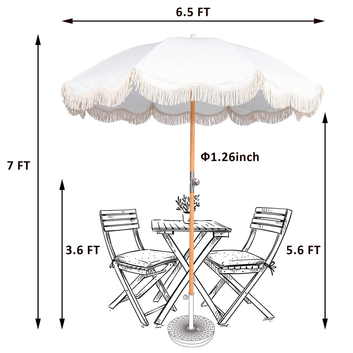 Funsite 6.5ft Boho Beach Umbrella with Fringe, UPF 50+ Tassel Umbrellas with Carry Bag, Premium Wood Pole Foldable Patio Umbrella for Outdoor Holiday Garden Lawn Pool Yard Table, White Funsite