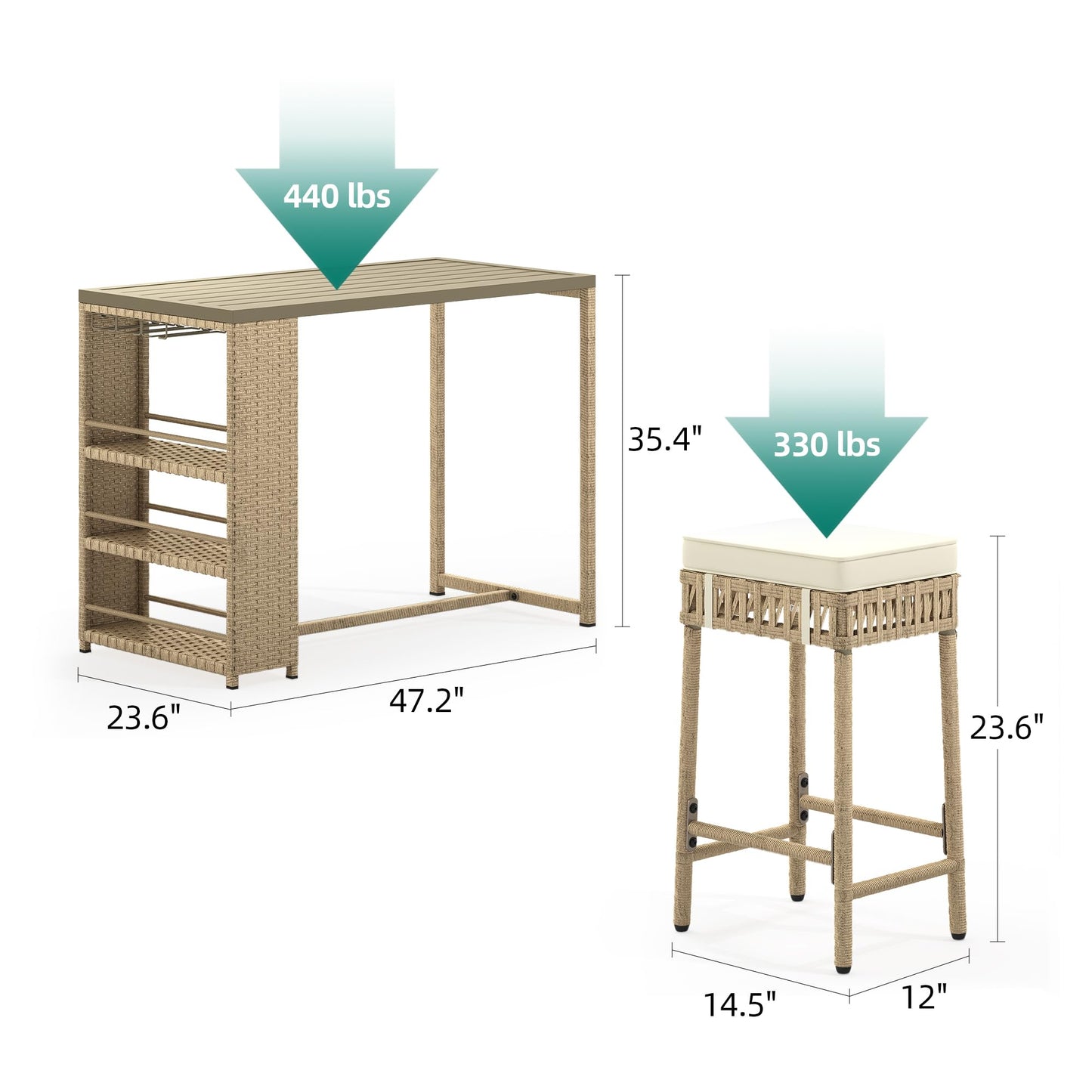 YITAHOME 5 Piece Outdoor Patio Bar Set with Cushions and Wine Glass Holder - Beige Wicker Furniture - WoodArtSupply