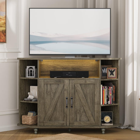 4 EVER WINNER Corner TV Stand for 50 Inch TV, Farmhouse Corner Entertainment Center with Led Light, Open Storage, Adjustable Shelves, TV Cabinets for Living Room, Bedroom, Grey 4 EVER WINNER