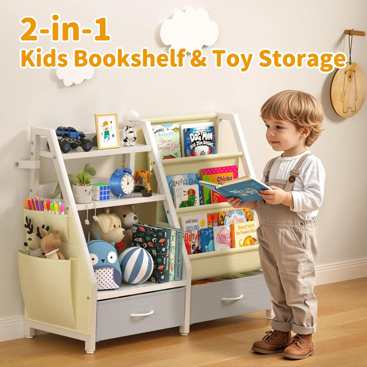 Twinkoo Kids Bookshelf and Toy Organizer, Sturdy 3 Tier Kids Bookcase, Sling Bookshelf and 2 Toy Bins, Toddler Montessori Book Shelf with Toy Storage Organizer for Children Room, Playroom, Nursery Twinkoo
