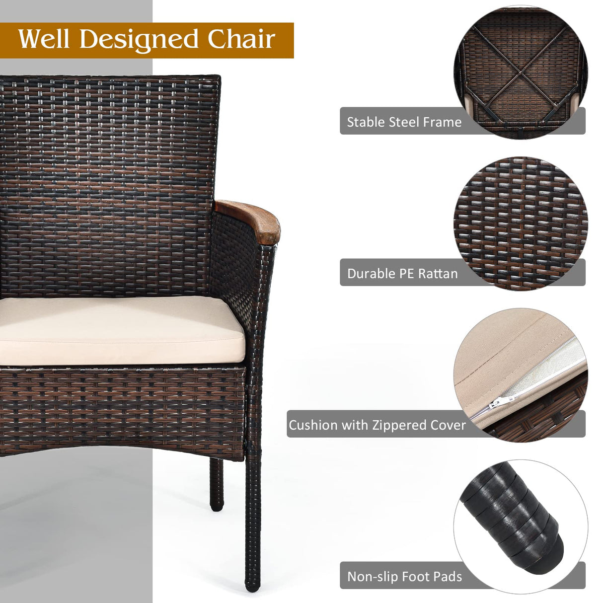 Tangkula 7 Pieces Patio Dining Set, Patiojoy Outdoor Conversation Set w/Acacia Wood Top Table & 6 Stackable Rattan Chairs, Wicker Dining Furniture w/Umbrella Hole, Steel Frame, Sponge Seat Cushions Tangkula