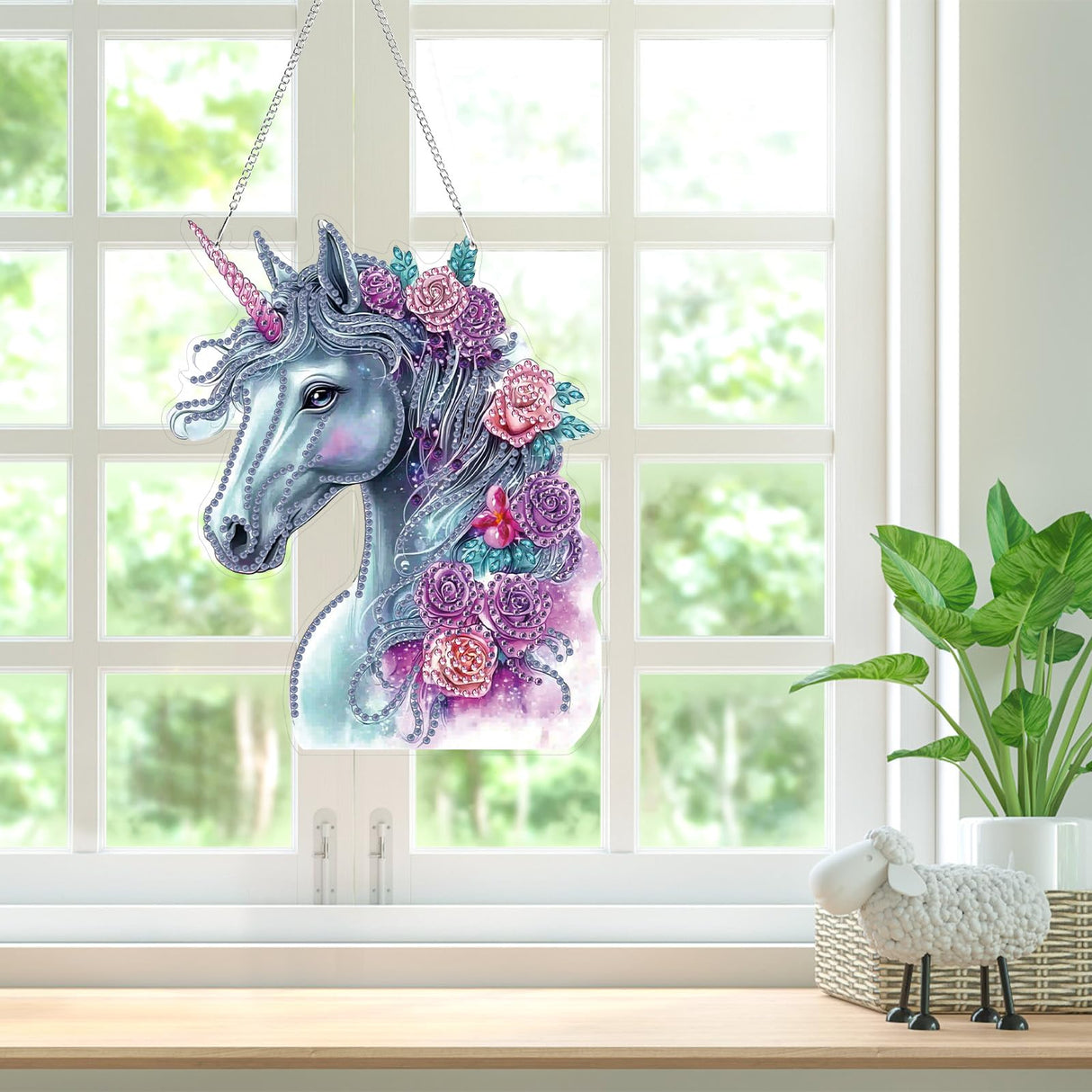 Bowetile Horse Diamond Art Hanging Kits for Adults Kids, 5D Special Shape Diamond Painting Flowers Pendant Kits, Animal Gem Art Suncatchers Painting Window Ornament for Home Garden Wall Decor Bowetile