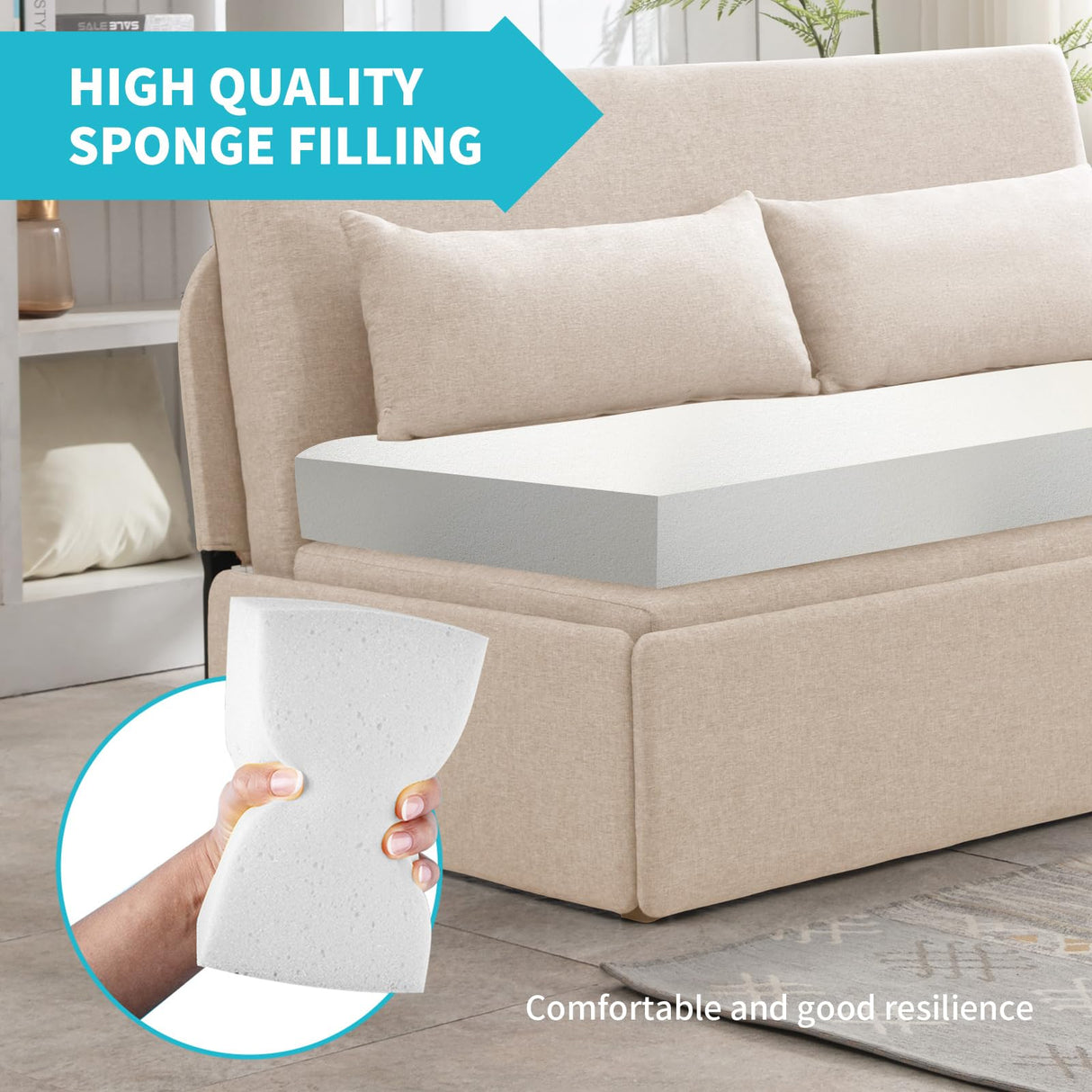 CECER Queen Size Pull Out Sofa Bed With 2 Pillows, Linen Convertible Sleeper With Comfy Mattress, 2 in 1 Armless Loveseat for Small Space-Beige CECER