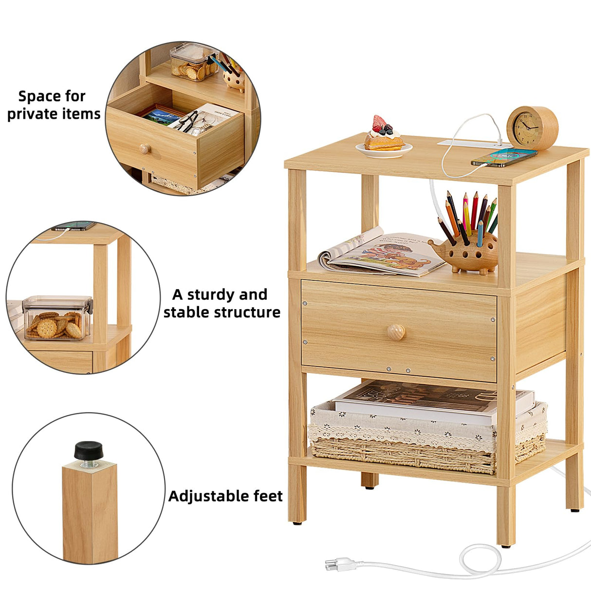 Lerliuo Nightstand with Charging Station and USB Ports, 3-Tier Storage End Table with Drawer Shelf, Night Stand for Small Spaces, Wood Bedside Table for Living Room, Bedroom - Natural Wood Lerliuo