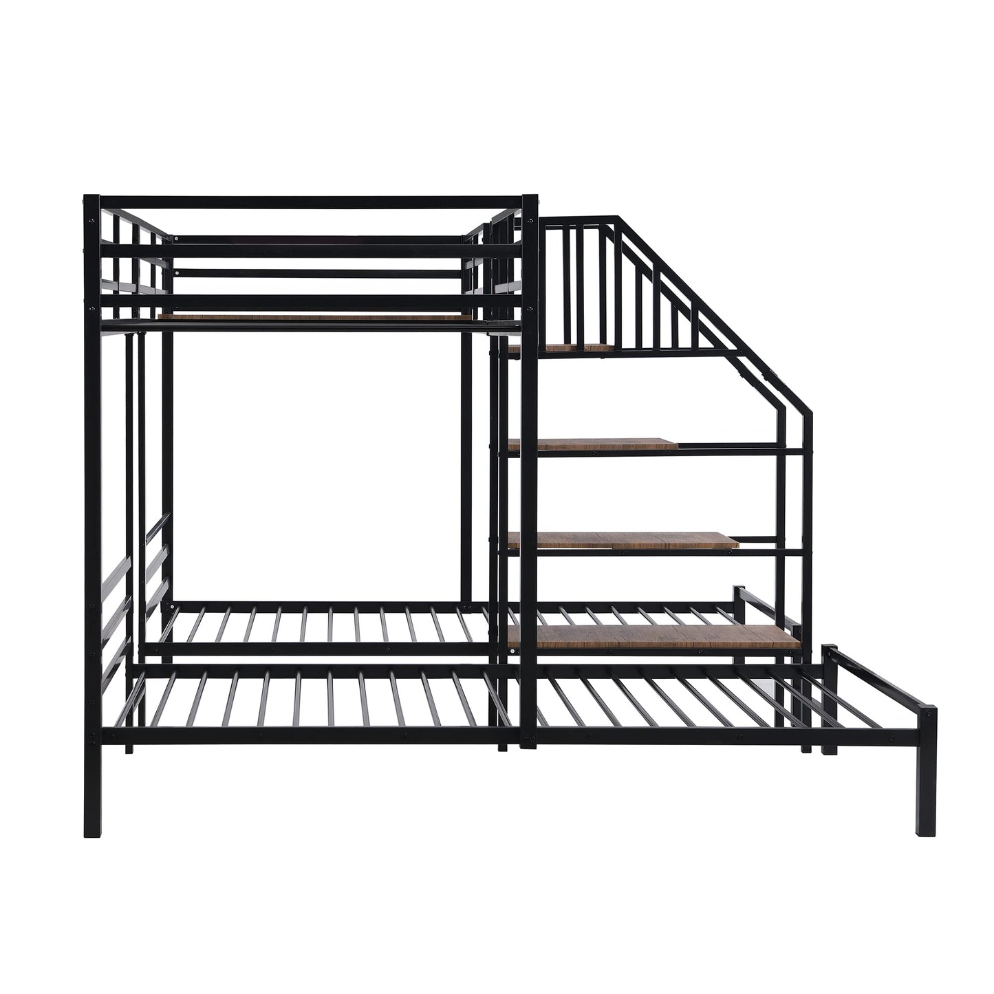 Harper & Bright Designs Metal Triple Bunk Bed with Stairs, 3 Beds Bunk Bed, Twin Over Twin & Twin Bunk Bed with Storage Shelves Staircase, for Kids Teens Adults, Black