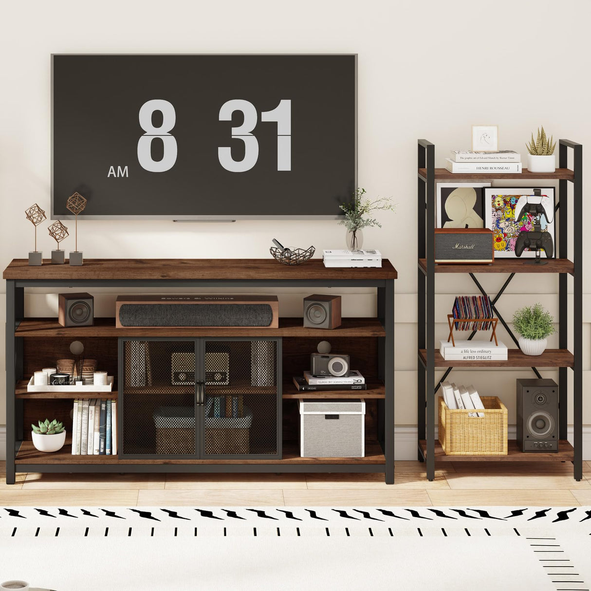 BON AUGURE Tall TV Stand for TVs up to 65 Inch, Industrial Wood Entertainment Center with Storage Cabinet, Farmhouse TV Console for Living Room and Bedroom (32 Inch High, Rustic Oak) BON AUGURE