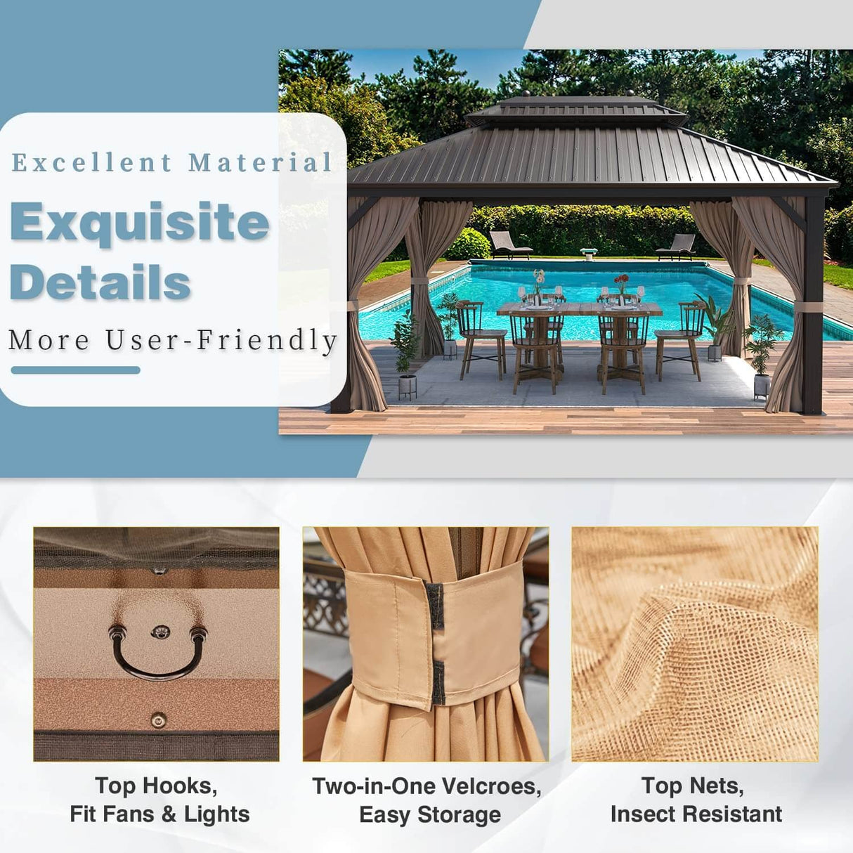 MELLCOM 10' x 13' Hardtop Aluminum Gazebo, Galvanized Steel Double Roof Metal Gazebo with Aluminum Frame, Brown Permanent Patio Gazebo with Curtains and Netting for Patios, Gardens, Lawns MELLCOM