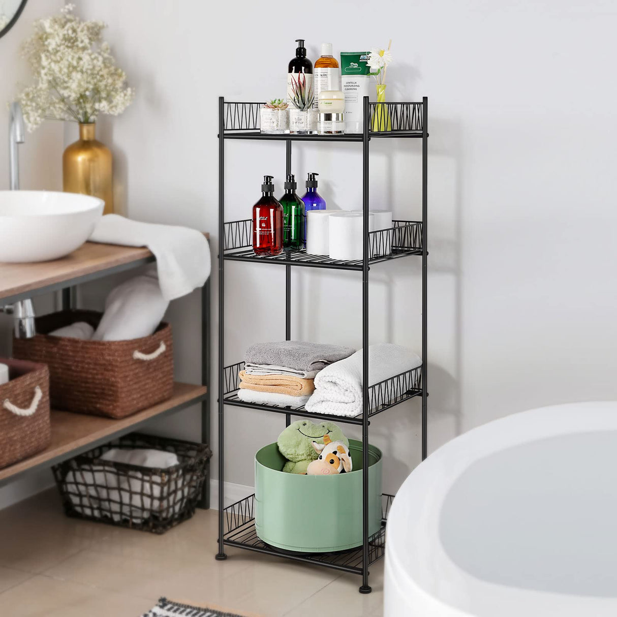 OYEAL Bathroom Shelves Freestanding Bathroom Towel Storage 4 Tier Wire Shelving Unit with Guard Bathroom Shelf Organizer Standing for Pantry Kitchen Laundry Room Organization, Black OYEAL