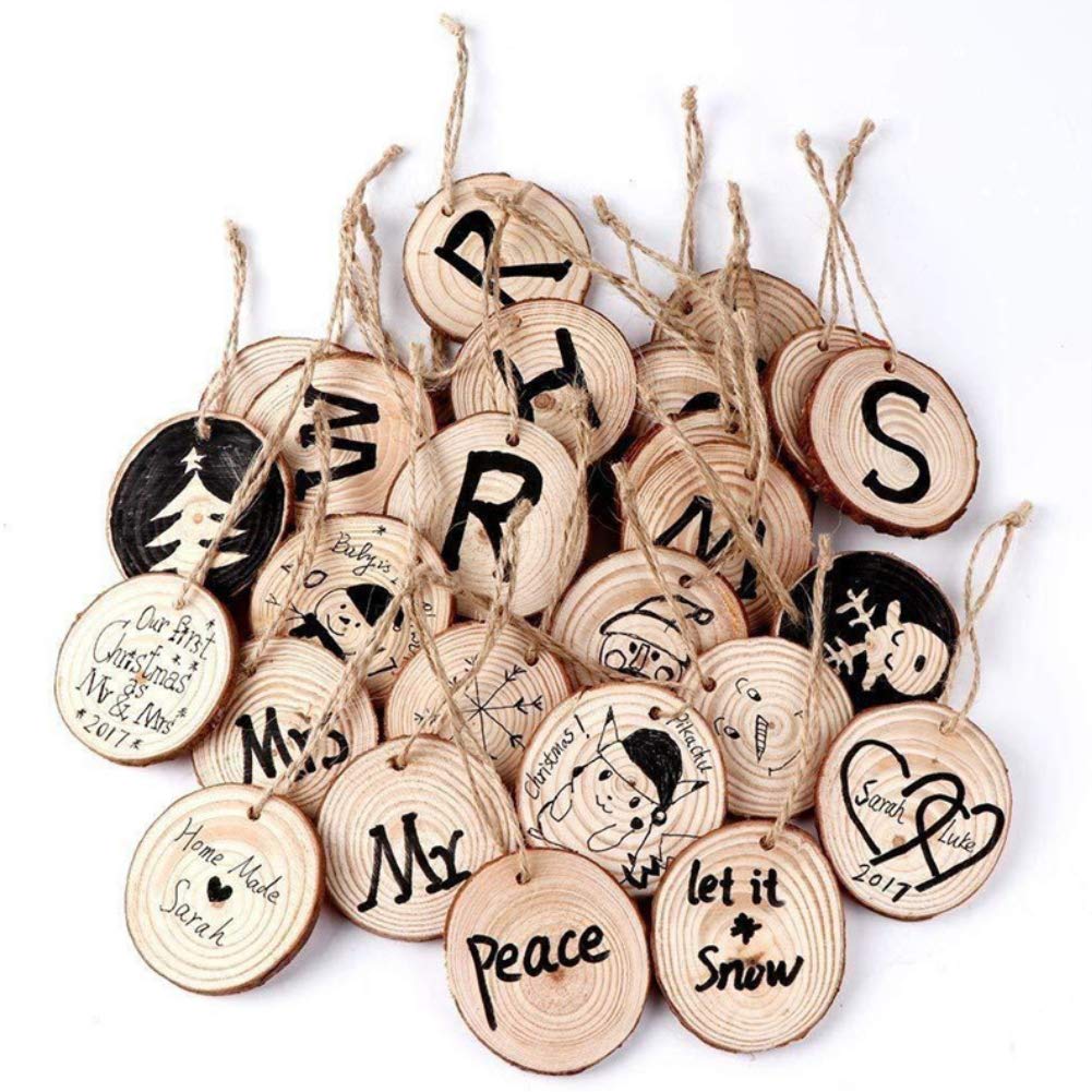 JOHOUSE Natural Wood Slices, 40PCS 2.8"-3.1" Unfinished Natural Wood Slices Circles with Hole Wooden Circles, 32.8ft Hemp Rope, DIY Craft Christmas rnaments