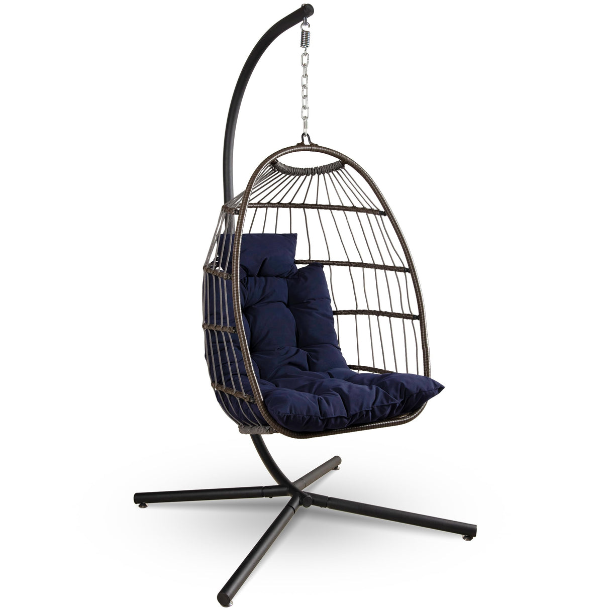 SereneLife Foldable Hanging Egg Swing – Deep Blue Rattan Wicker Chair with Stand, Waterproof Seat Cushion & Headrest, 350 lbs. Capacity – Indoor Outdoor Hammock Chair for Patio, Porch & Garden SereneLife