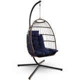 SereneLife Foldable Hanging Egg Swing – Deep Blue Rattan Wicker Chair with Stand, Waterproof Seat Cushion & Headrest, 350 lbs. Capacity – Indoor Outdoor Hammock Chair for Patio, Porch & Garden SereneLife