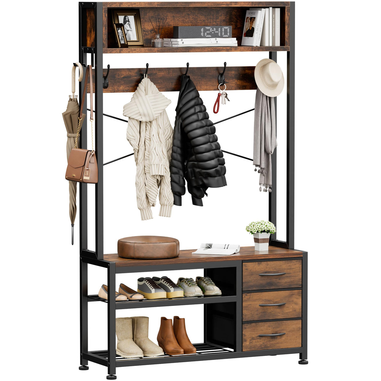 Lulive Hall Tree with Bench and Shoe Storage, 31.5" Coat Rack Freestanding with 2-Tier Storage Shelf, 6-in-1 Entryway Bench Coat Rack with 12 Hooks and 3 Drawers(Rustic Brown) Lulive