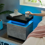 i-aplus Nightstand Set of 2 LED Nightstand with 2 Drawers, Bedside Table with Drawers for Bedroom Furniture, Side Bed Table with LED Light, Grey Black i-aplus