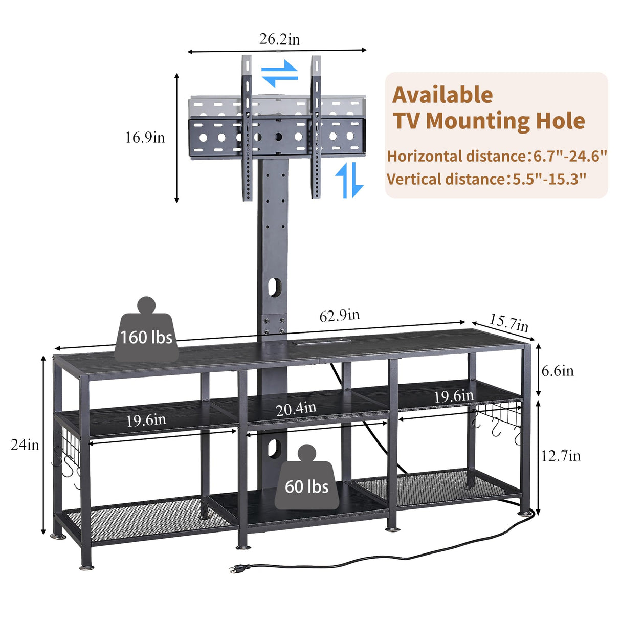 VECELO TV Stand with Mount and Power Outlet, Height Adjustable Entertainment Center with Storage Shelves for 32/55/65/70/75 inches Televisions, Console Table for Living Room, Bedroom, Matte Black VECELO