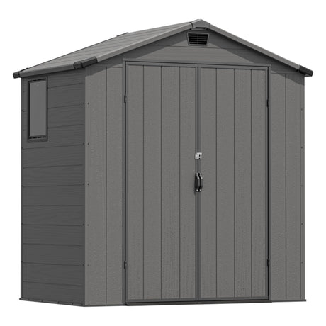 Greesum 6x4FT Plastic Outdoor Storage Shed with Floor, Resin Sheds with Lockable Double Door, Window & Vents, All-Weather Tool Sheds for Garden, Backyard, Patio, Dark Gray Greesum