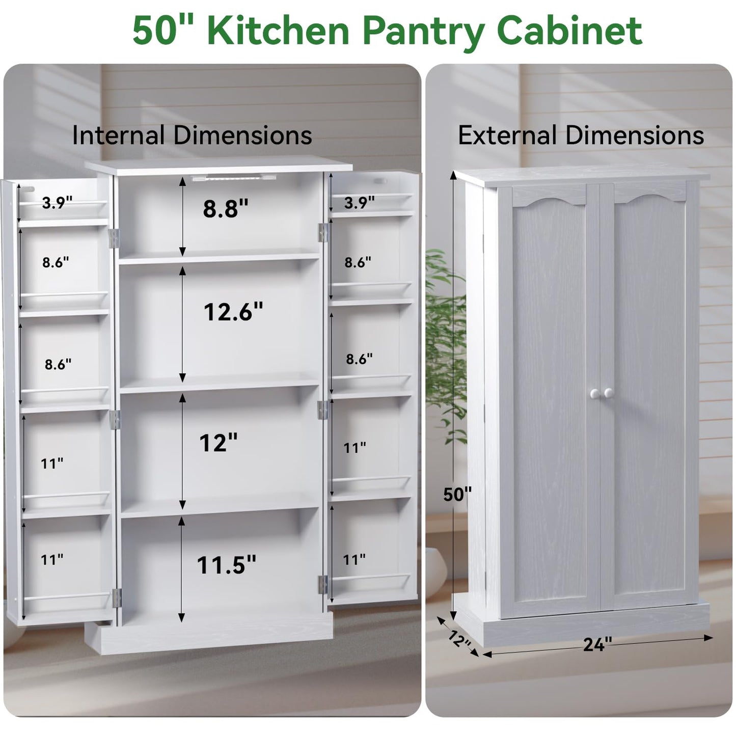 FJTJBSI 50" LED Kitchen Pantry Cabinet White Storage Cabinet Food Pantry with Doors and Adjustable Shelves Freestanding Buffet Cupboards Sideboard for Kitchen Living Room and Dinning Room - WoodArtSupply