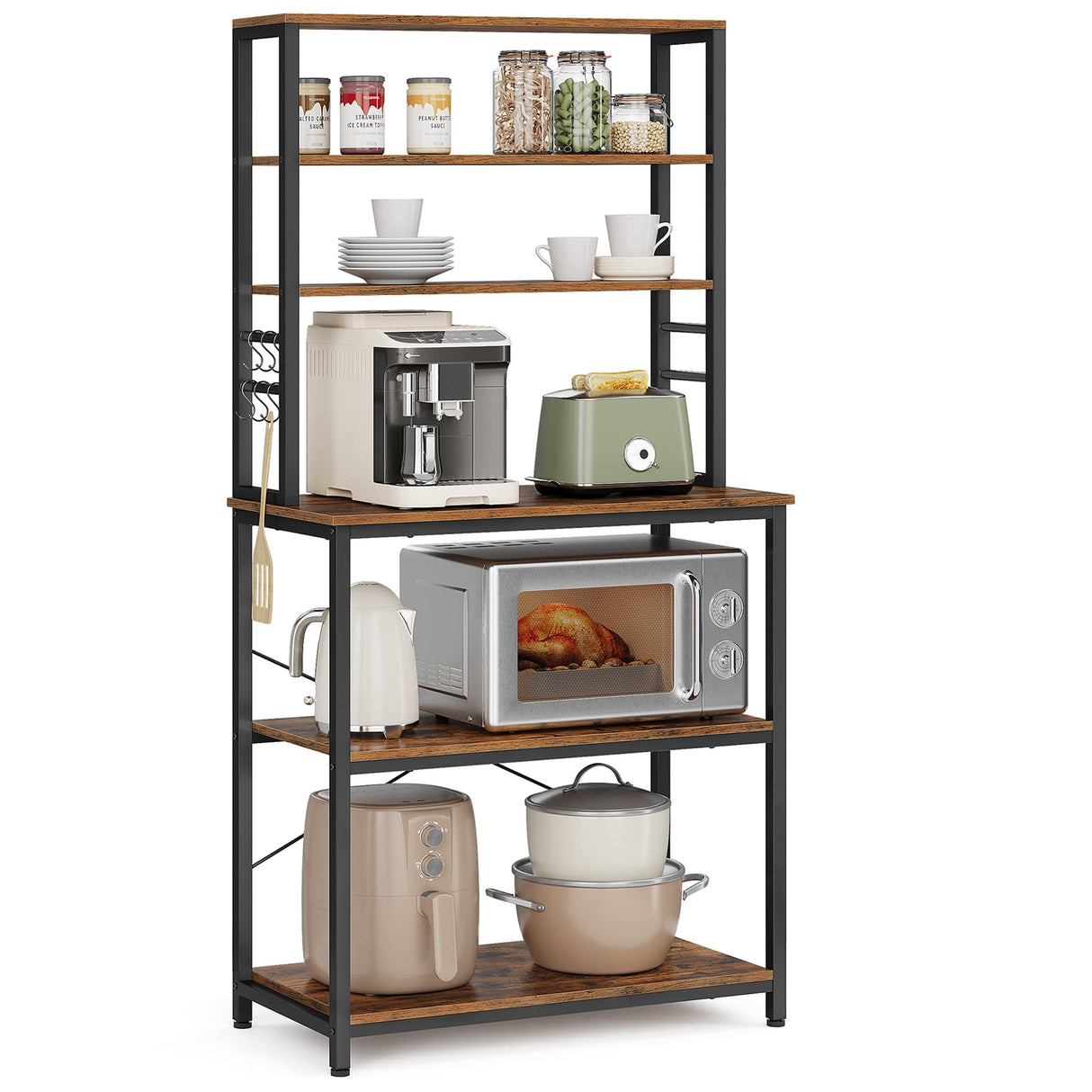 VASAGLE Coffee Bar, 31.5 Inches Baker's Rack for Kitchen with Storage, 6-Tier Kitchen Shelves with 6 Hooks, Microwave Stand, Industrial, Rustic Brown and Black UKKS019B01 VASAGLE
