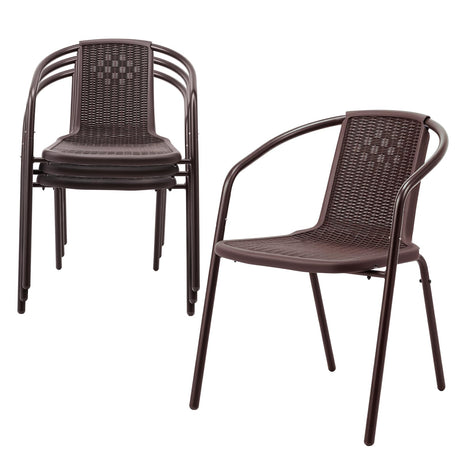 VINGLI Stackable Outdoor Chair Set of 4, Rattan Plastic Chair, Woven Rattan Cushion, Suitable for Backyard, Patio, Brown VINGLI
