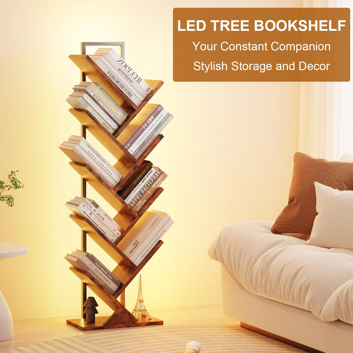 Qupui Tree Bookshelf with LED Lights, 9 Tier Floor Standing Bookcase, Classical Corner Bookshelf Kids Bookshelf, Tall Bookshelf, Wood Book Shelf for Bedroom, Living Room, Home Office, Brown Qupui