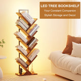 Qupui Tree Bookshelf with LED Lights, 9 Tier Floor Standing Bookcase, Classical Corner Bookshelf Kids Bookshelf, Tall Bookshelf, Wood Book Shelf for Bedroom, Living Room, Home Office, Brown Qupui