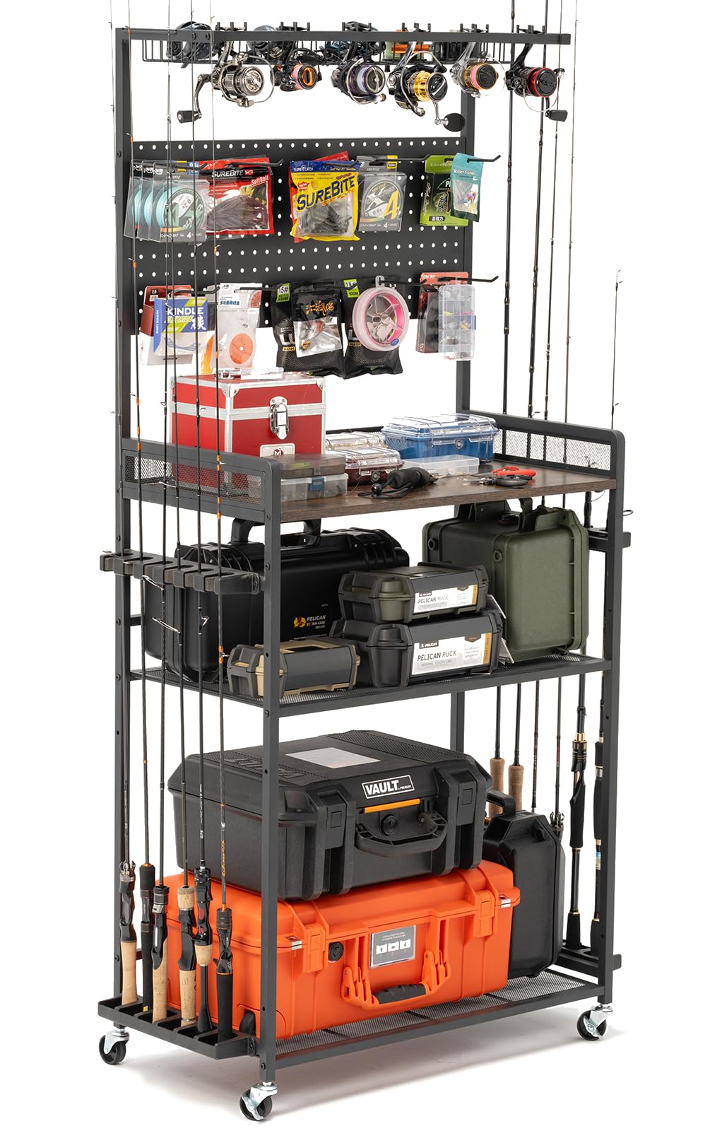 SOYEEZE Large Size Fishing Rod Holders for Garage, Heavy Duty 4-Tier Fishing Pole Rack Holds up to 12 Rods with Pegboard and Hooks, Fishing Gear Organizer, Fishing Storage Cart with Lockable Wheels SOYEEZE