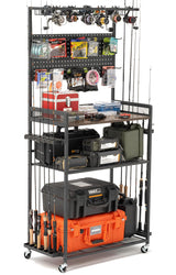 SOYEEZE Large Size Fishing Rod Holders for Garage, Heavy Duty 4-Tier Fishing Pole Rack Holds up to 12 Rods with Pegboard and Hooks, Fishing Gear Organizer, Fishing Storage Cart with Lockable Wheels SOYEEZE