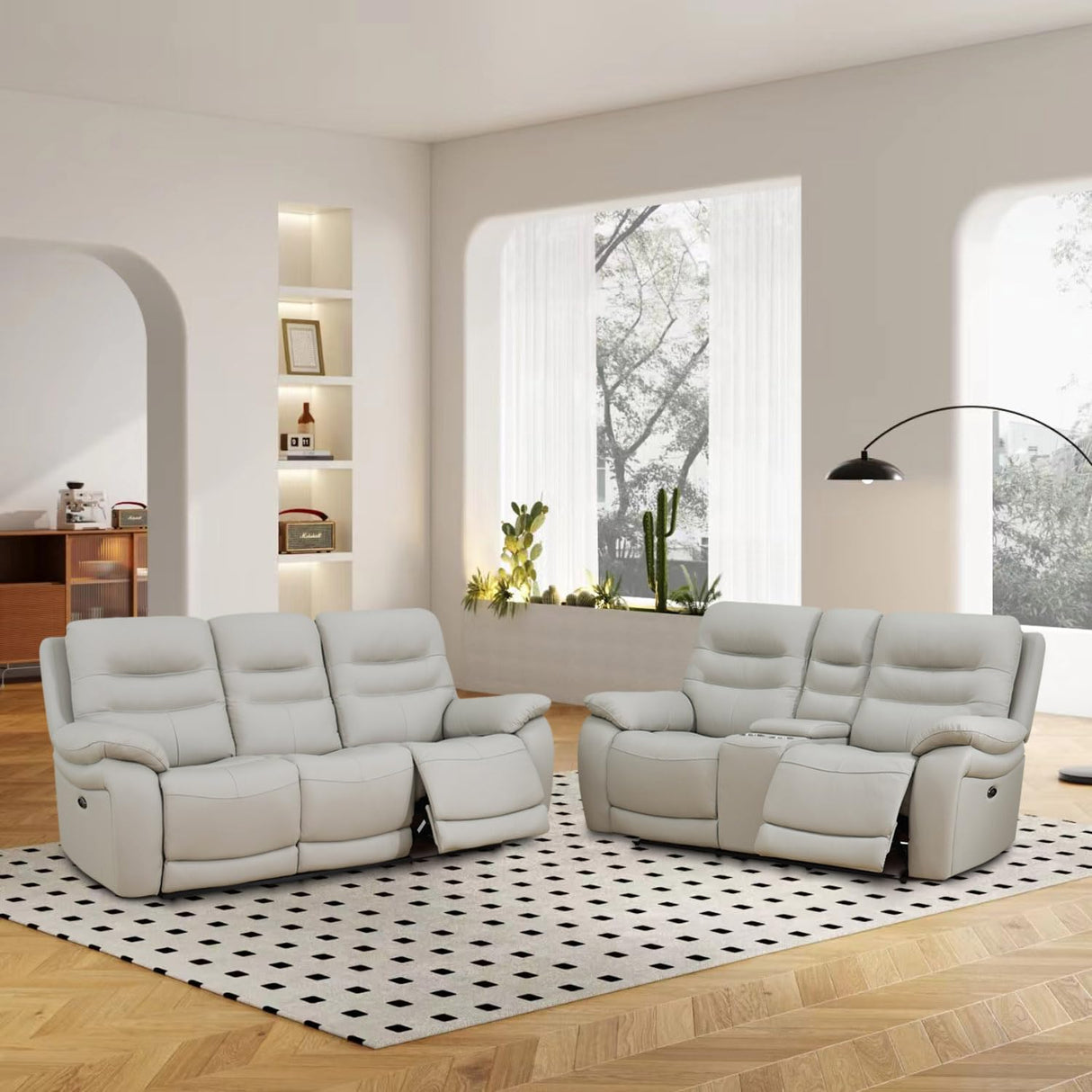 GEBADOL Power Reclining Sofa Set, Genuine Leather Recliner Sofa and Loveseat Set, 2 Pieces Top Grain Leather Sofa with Built in USB Port for Living Room (Light Grey) GEBADOL