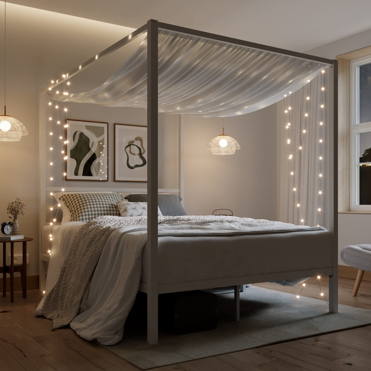 ikalido Full Size Metal Canopy Bed Frame, Modern Four-Poster Platform Bed Frame, Mattress Foundation with Metal Slats Support/Under-Bed Storage Space/No Box Spring Needed/White ikalido